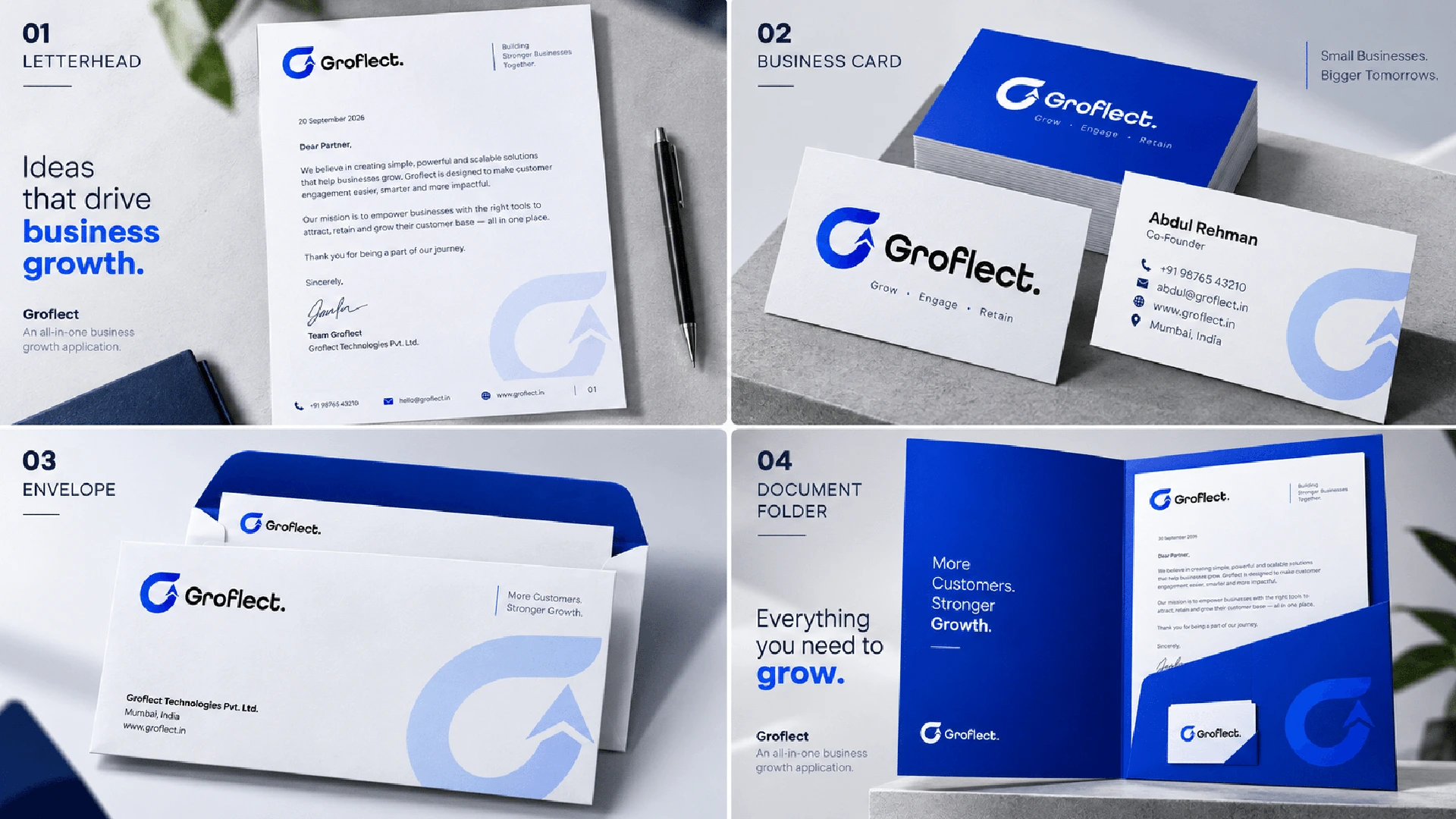 Groflect Brand Identity, UI/UX & Marketing Design | Abdul Rehman Groflect brand identity, UI UX and marketing collateral design for a business growth application
